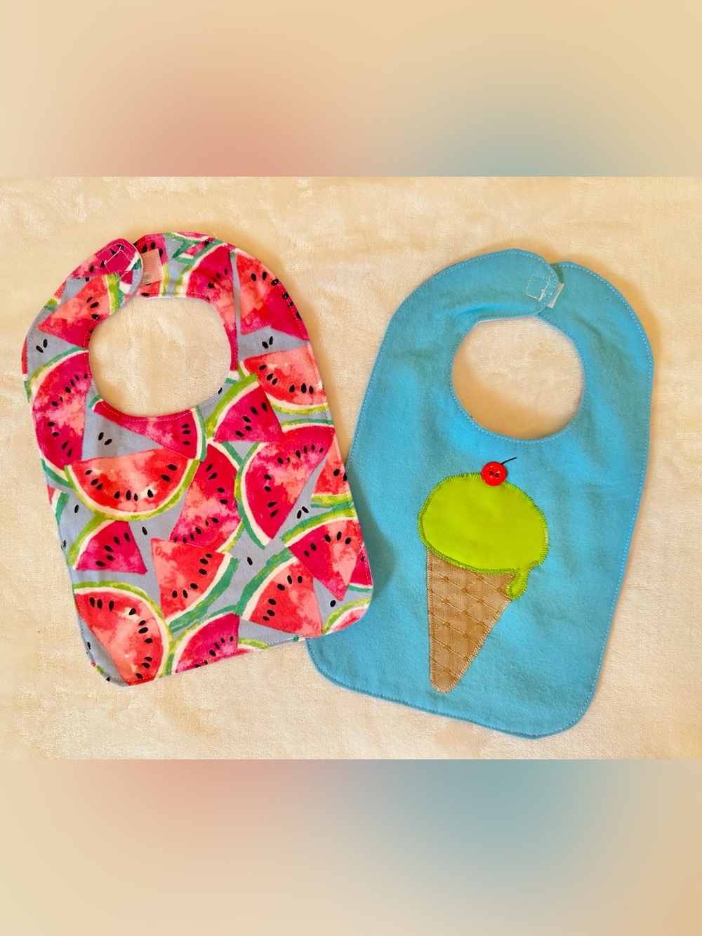 Set of two Bibs with Watermelon Print & Ice Cream Applique